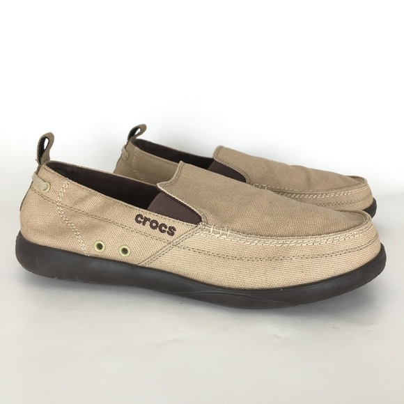 CROCS Walu Men’s Beige Canvas Slip-On Loafer Shoes with Dark Brown Sole Size 13 main image 5